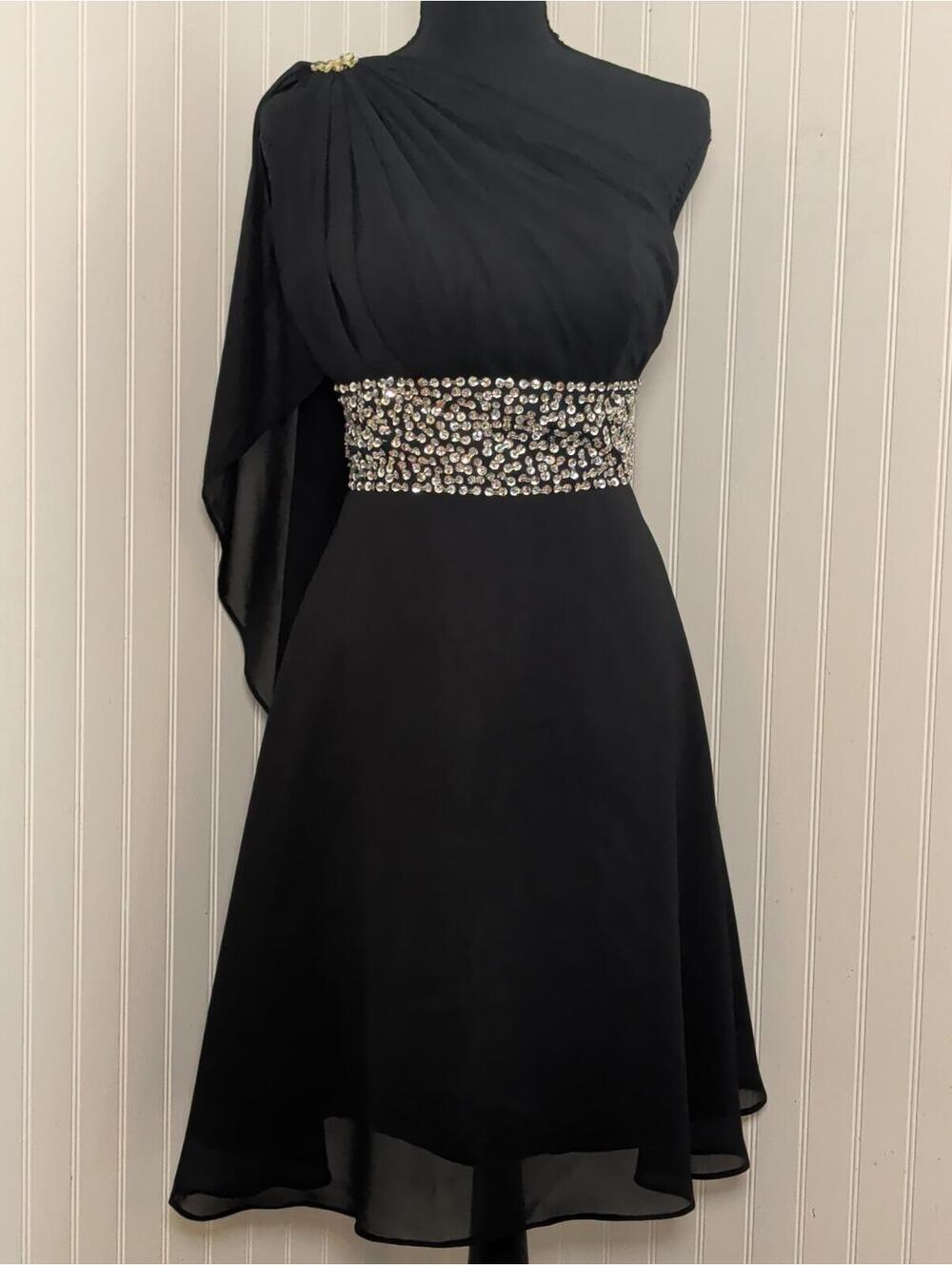 Vintage Elegant Black One-Shoulder Dress with Rhinestone Sequins Waist Size 4/6
